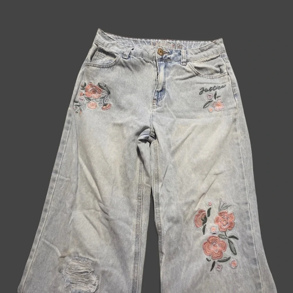 Justice Girls Size 14 Wide Leg Floral Embroidered Distressed Light Wash Jeans